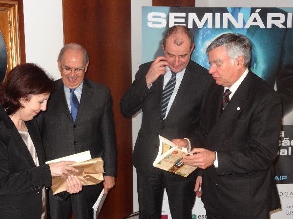 In January, Rear Adm. Carlos Rodolfo, PON (Ret.) (r), chapter president, and Figueiredo Lopes (2nd from l), president of EuroDefense – Portugal, thank the keynote speakers: Koen Gijibers, general manager of the NATO Communications and Information Agency, and Professor Maria da Graca Carvalho, a member of the European Parliament.